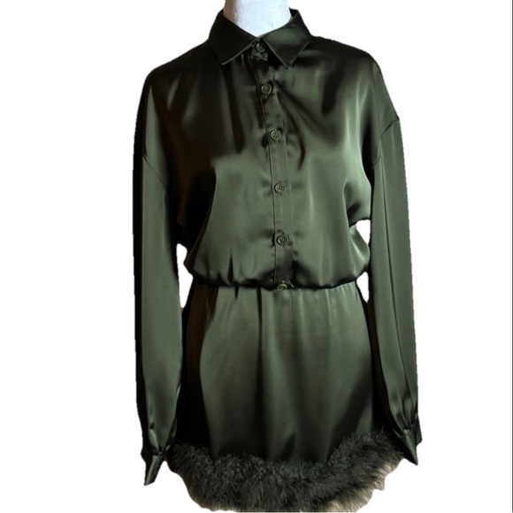 Cider Green Satin Dress with Fur Trim - Picture 6 of 8